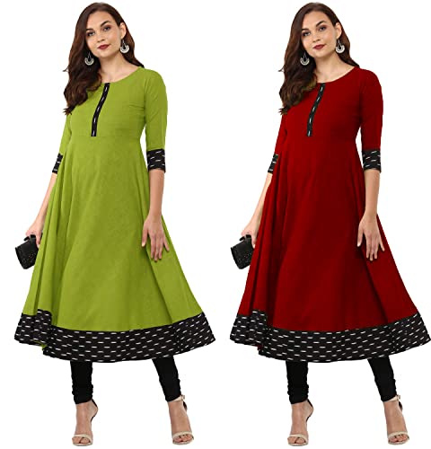 Image of NATEK Cotton Anarkali Printed Border Kurtis for Women Combo Pack of 2