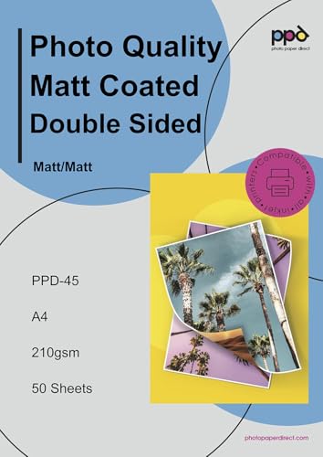 PPD 50 X A4 Papier Photo Double Face Mat 210g, Jet d'encre, Papier Recto Verso Qualité Photo pour Flyers et Brochures PPD-45-50