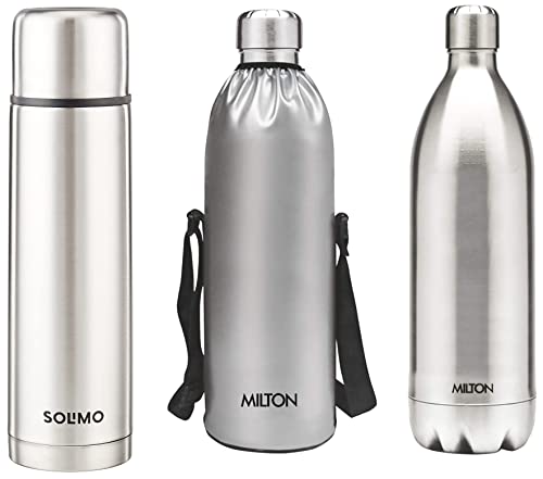 Image of MILTON Stainless Steel Thermosteel Duo DLX-1800 Stainless Steel Water Bottle, 1.8 L + Milton Thermosteel Plain Lid 1000 Flask, 1 L (Silver)