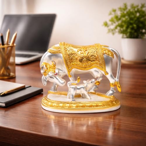 Image of Gold Art India Kamdhenu Cow with Calf Idol Gold Silver Plated with Matte Finish | Home Decor Gaay Bachda Cow |Calf for Vastu | Positive Energy | Wealth Idol Diwali Puja