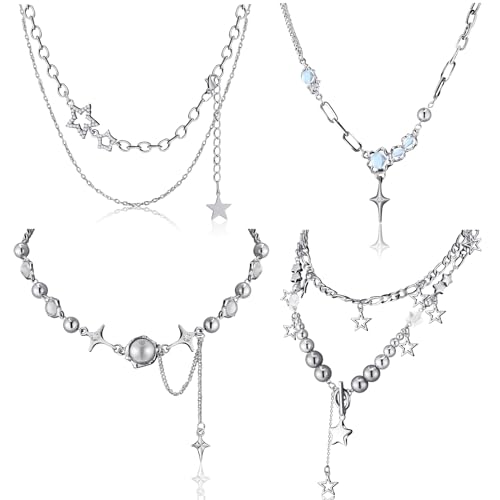 4 Pcs Y2k Double Layered Necklace Set Irregular Moonstone Collar Chain Punk Star Pendant Zircon Jewelry Silver Asymmetric Necklace Adjustable Grunge Star Choker for Women Teen