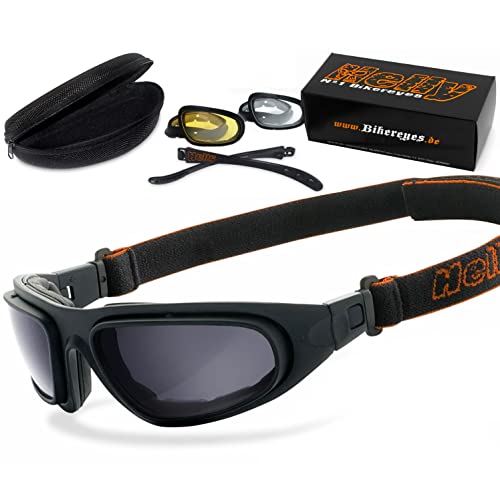 HELLY - No.1 Bikereyes | Motorradbrille Multifunktionsbrille | beschlagfrei winddicht | HLT Sicherheitsglas nach DIN EN 166 (smoke xenolit (Nachtglas/gelb) & klar [eagle])