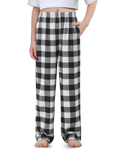 IHU Cotton Girls Pajama Pants Soft Flannel Woven Kids Pj Bottoms Plaid Lounge Pants Sleepwear with Pockets Black and White Buffalo Plaid 10-12 Years