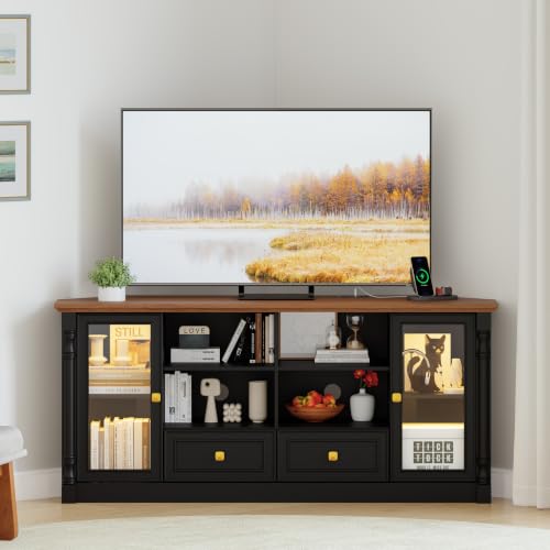 Corner TV Stand for 55 65 Inch TV, with Power Outlets and LED Lights, Black