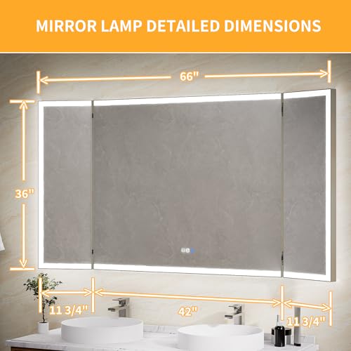 66x36 Trifold Bathroom Mirror with Lights with Removable Magnifier, 180° Foldable LED Mirror for Bathroom, Front&Backlit, Wall Mounted, Stepless Dimming, Color Temper Change, Anti Fog