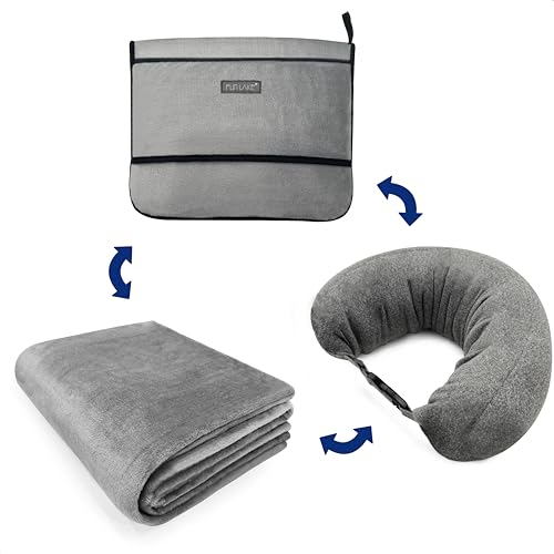 FunLake 3-in-1 Travel Pillow Blanket Set - Soft Flannel Convertible Pillow, Blanket & Neck Pillow with Backpack Clip | Compact Travel Essentials for Airplane, Car, Office, Grey