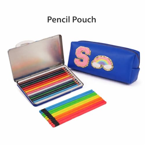 Image of AICA Gifts Personalized Leather Pencil Pouch (RoyalBlue) with Embroidered Alphabet & Patch | Pencil Pouch for Kids | Birthday Gift | Birthday Return Gift |Gift for Kids Age 6-10