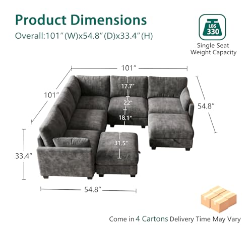 Image of Modular Sectional Sofa, Oversized V-Shaped Couch with Storage | High Resilience Foam, 22 inch Seat Depth, Movable Ottoman, Comfy Chenille, Easy Assembly, Dark Gray