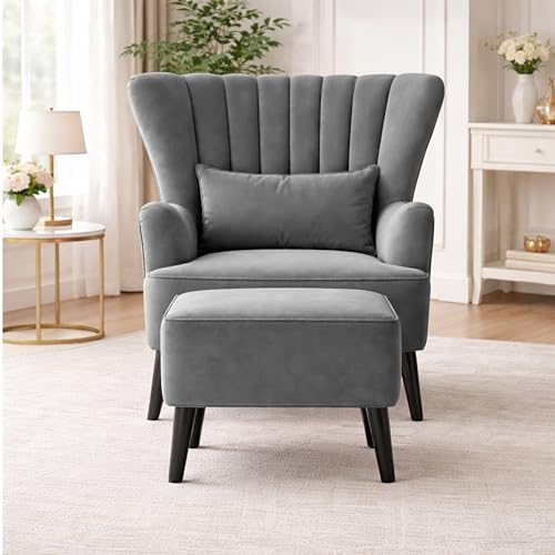 Image of Modern Velvet Wingback Accent Chair with Ottoman & Cushion for Living Room | Premium Upholstered Lounge Chair with Footrest |Grey
