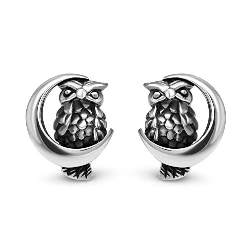 Chuvora 925 Sterling Silver 13 mm Midnight Wisdom Owl On A Crescent Moon Symbol Post Stud Earrings for Women