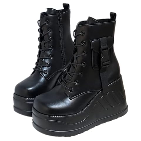 Ritmorro Platform wedge ankle boots Goth Chunky block heels Booties Lace up Punk Boots Motorcyle Combat Boots for Womens, Black3, 6 UK Cover