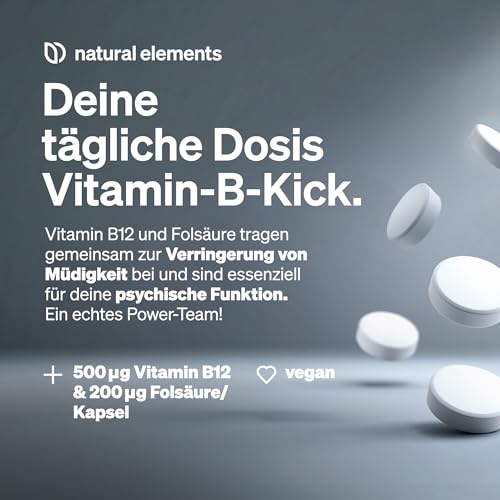 natural elements Vitamin B12 – 180 vegane Tabletten für 6 Monate – 500µg Vit B12 und 200µg Folsäure pro Tagesdosis – hochdosiert, ohne unnötige Zusätze – in Deutschland produziert & laborgeprüft 3