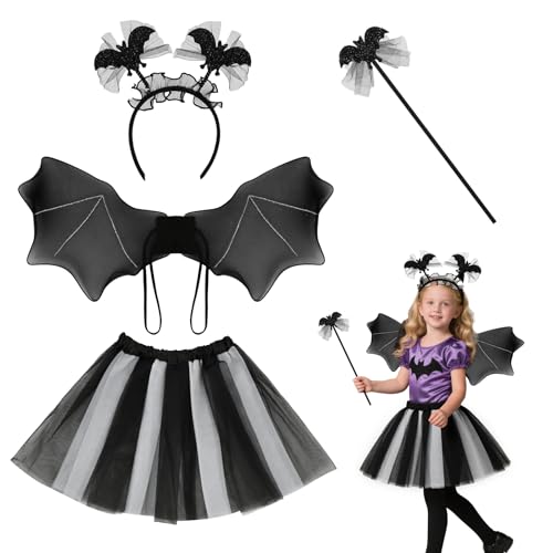 DiULi Saia de morcego meninas, 4 peças asas disfarces morcego com bandana, varinha, saia de Tutu, capa de asas morcego, Halloween disfarce bruxa de cosplay carnaval festa temática, Branco preto