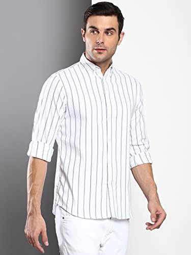 Image of Dennis Lingo Men's Striped Slim Fit Oxford Cotton Casual Shirt with Button Down Collar & Full Sleeves