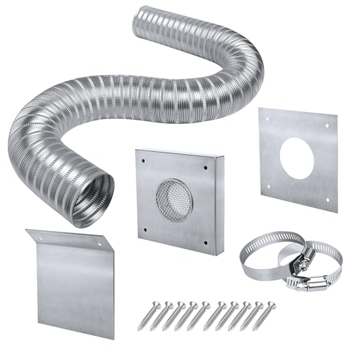 Pellet Stove Fresh Air Intake Kit, 2' x 60' Outside Cold Air Kit for Pellet Stove Pipe, Aluminum Flex Vent Pipe for Corn with Wall Plate Screen & Screw Hose Clamps