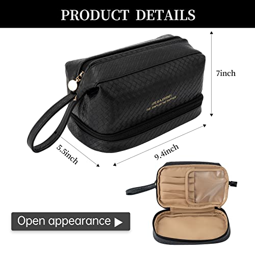 Abiudeng Large Makeup Bag,Double Layer Cosmetic Bag,Travel Makeup Bag,Leather Makeup Bag, Cosmetic Travel Bags,Portable Leather Toiletry Bag-Black #TOP1