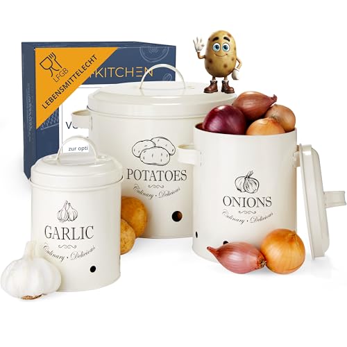 HIKITCHEN® Vorratsbehälter Kartoffeltopf, Zwiebeltopf und Knoblauchtopf Aufbewahrung in der Küche, als Küchen Deko, Kartoffel Aufbewahrung, Zwiebel Aufbewahrung, Knoblauch im Landhausstil Cremeweiß