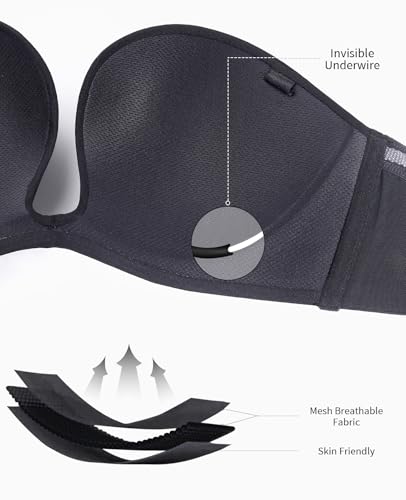 Image of YANDW Plunge Strapless Push Up Bras for Women Padded Non Slip Deep U Shape Low Cut Convertible Seamless Bra Underwire