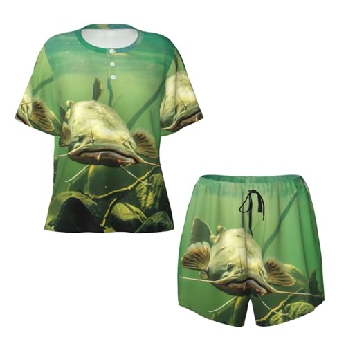 Ensemble de pyjama 2 pièces pour femme imprimé poisson-chat col rond