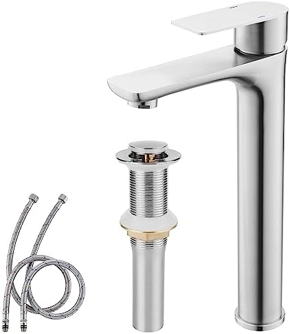 TONNY Bathroom Vessel Sink Faucet Brushed Nickel, Stainless Steel Tall Bathroom Faucet for Vessel Sink One Hole, Single Handle Lavatory Vanity Faucet with Metal Pop Up Drain & Water Supply Hoses