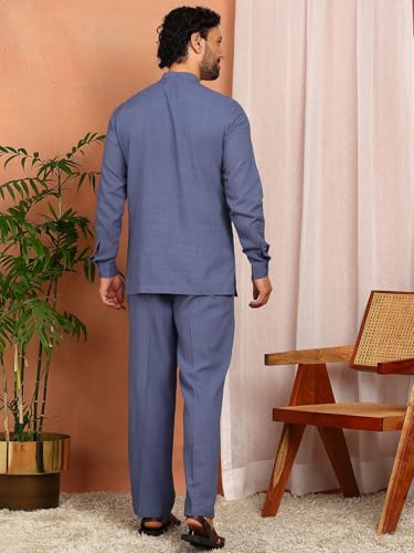 Image of See Designs Men's Full Sleeve Mandarin Collar Linen Solid Pathani Set