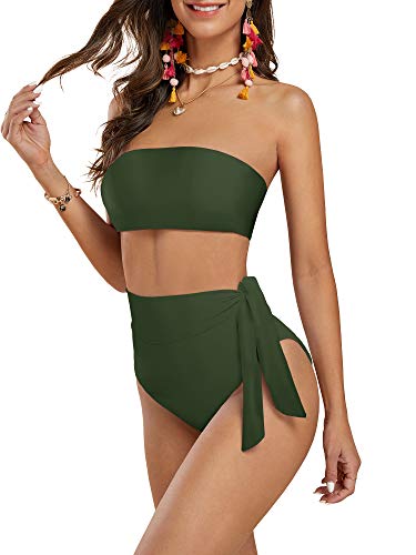 FERBIA Womens High Waisted Bikini Set Bandeau Strapless 2 Piece Bathing Suit Swimsuits Tie Wrap Swimwear