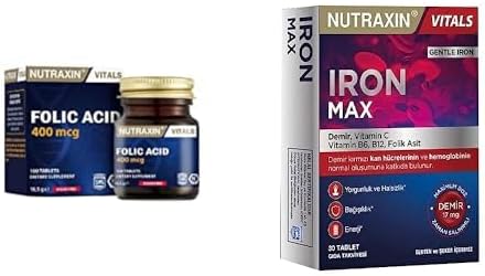 Nutraxin Vitals Folic Acid 400 mcg 100 Kapsül Takviye Edici Gıda ve Nutraxin Iron Max 17 Mg 30 Tablet - Demir, C Vitamini, B6 Vitamini, Folik Asit, B12