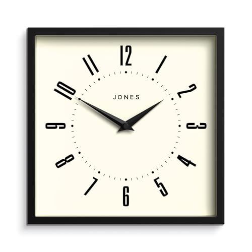 JONES CLOCKS® Box Wall Clock | Retro Square Clock | 10 inch | Black | Easy to Read Numbers | Perfect Kitchen Clock or Office Clock