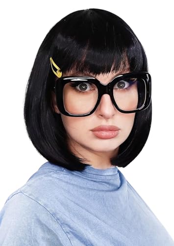 ALLAURA Tina Belcher Wig + Black Glasses + Yellow Hair Clip Set, Edna Black Bob Wig – Compatible with Tina Belcher Costume Adult