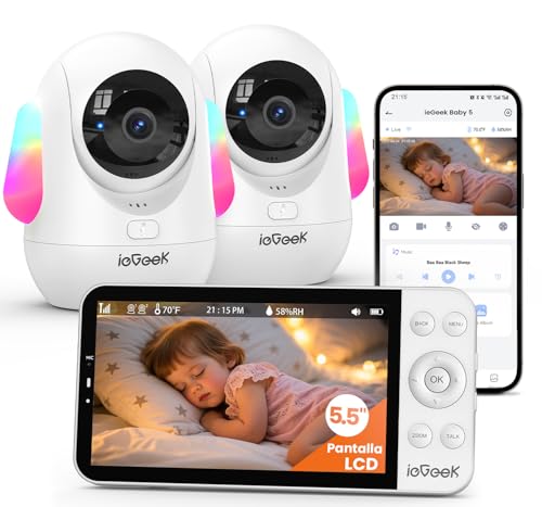 ieGeek 5.5" 2.5K/4MP Camara Vigilancia Bebe WiFi, Alerta de Cara Tapada y Dormir Boca Abajo, Colorida Luz Nocturna, 360° Seguimiento Movimiento Vigilabebes con Camara, VOX, Compatible Echo(2pcs)