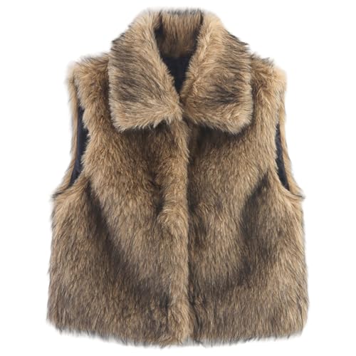 Gilet en fausse fourrure femmes court boutonné sans manches col revers veste hiver marron