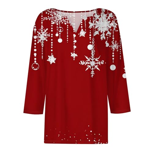 Image of Women Christmas Shirt 3 /4 Length Sleeve Henley Tops Xmas Outfits