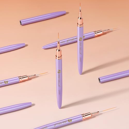 Image of UNA GELLA Nail Art Pens Metallic, Liner Brushes Set For Nail Art Gel Polish, 5Pcs Purple Color, Detail Nail Art Design Painting Brush Set For Nails Gel Fine Drawing Nail Tools, Sizes 7 /9 /11 /15 /25mm