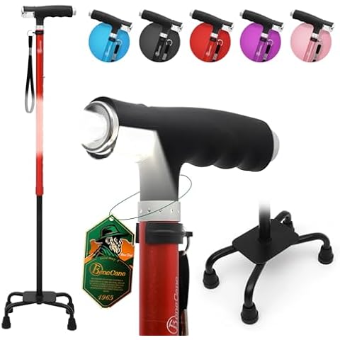 BeneCane Quad Cane Walking Cane with Two Led Lights with Big Base T Handle&Lightweight Adjustable Walking Stick Four Pronged Sturdy for Men and Women (RED) Cover