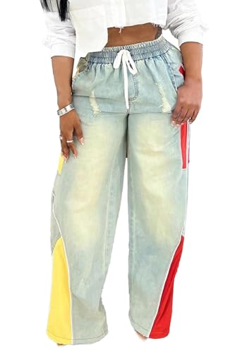 YOOTIKO Women Striped Drawstring Jeans Elastic High Waisted Straight Wide Leg Baggy Sweatpants Jeans