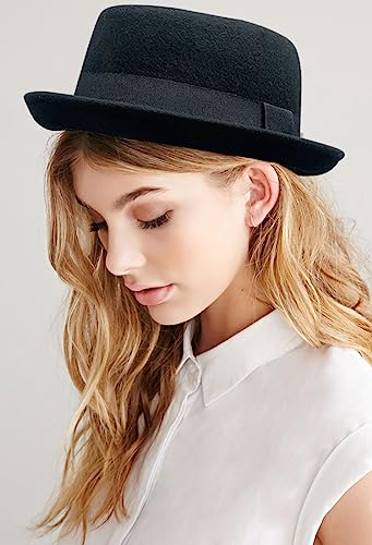 INOGIH Pork Pie Hut Wollfilz Porkpie Boater Derby Fedorahut für Herren Damen (S/M), Schwarz , 56