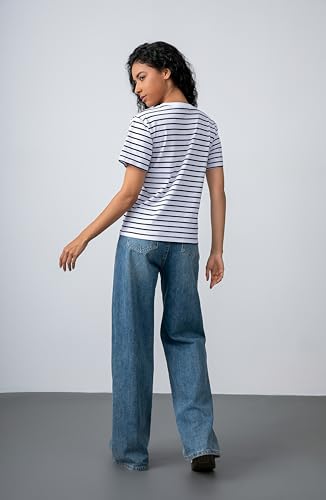 Women's Striped Shirt Basic Short Sleeved Round Neck Striped T-Shirt, Casual Summer Clothing，2 Pack4