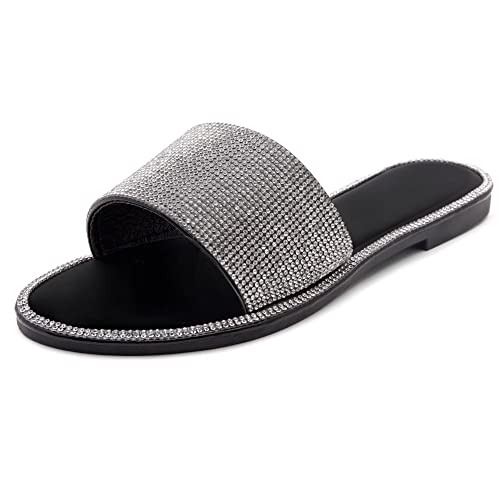 Herstyle Showstopper Womenâs Rhinestone Open Toe Flat Sandals Glitter Slides Slip on Shoes 2012Black 11.0