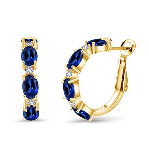 18K Yellow Gold Plated Silver Oval Gemstone Birthstone and White Created sapphire Accent Hoop Earrings For Women | Oval 6X4MM and Round 2MM | 20MM = 0.80 Inch | Fine Jewelry for Her Mom Women Wife