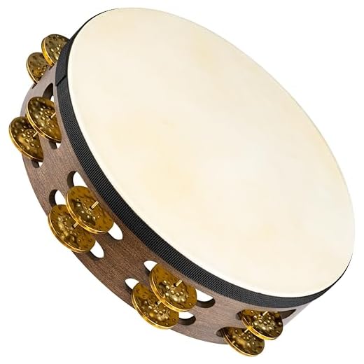 Meinl Percussion TAH2V-WB 10-Inch Vintage Wood Tambourine with Goat Skin Head and Hammered Brass Jingles, 2 Row