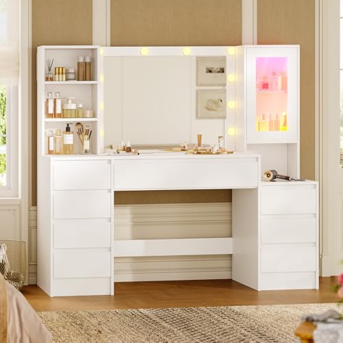 AODEMOKO 120CM LED Schminktisch mit Schmuckablage Schminktisch mit Spiegel Steckdosenleiste 8 Schubladen verstellbaren Regalen dimmbaren LED-Leuchten und Schrankaufbewahru