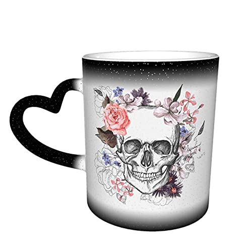 Oaieltj Tasse à changement de chaleur, motif tête de mort et fleurs, tasse à café sensible à la chaleur, tasse à thé au lait, tasses à café magiques, tasses...