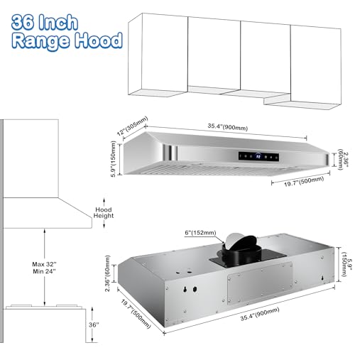 Image of 36 inch Under Cabinet Range Hood 1200 CFM with 4-Speed Gesture Sensing & Touch Control, Stainless Steel Kitchen Stove Vent Hoods with 2 LED Lights, Time Setting, Dishwasher-Safe Baffle Filters