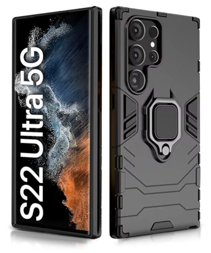 Image of WOW IMAGINE Shock Proof Back Case Mobile Cover for Samsung Galaxy S22 Ultra 5G | Back Cover Case (Tough Armor | Hybrid PC + TPU | Ring Holder & in-Built Kickstand | Black)