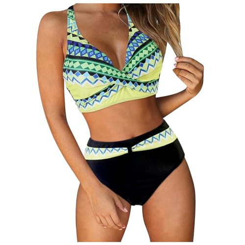 Berimaterry Traje de baño deportivo de 2 piezas para mujer, parte superior de bikini con parte superior y cintura alta, traje de baño para playa, traje de baño para mujer, amarillo, M