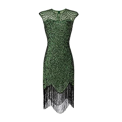 Vestido de Traje de Gatsby Vestido Flecos Ropa Fiesta Mujer Vestidos de 1920, Vestido de Aleta Vestido de Dobladillo con Borlas de Cuello en V Vestido Años 20 de Fiesta de Cóctel(A Verde,L)