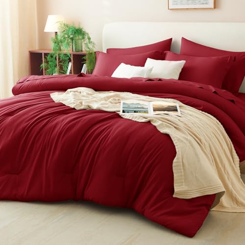 CozyLux King Size Comforter Set Dark Red, 7 Pieces Bed in a Bag King Comforter Set with Sheets, Luxury Soft Bedding Sets with Down Alternative Comforter, Fitted Sheet, Flat Sheet, Pillowcases & Shams