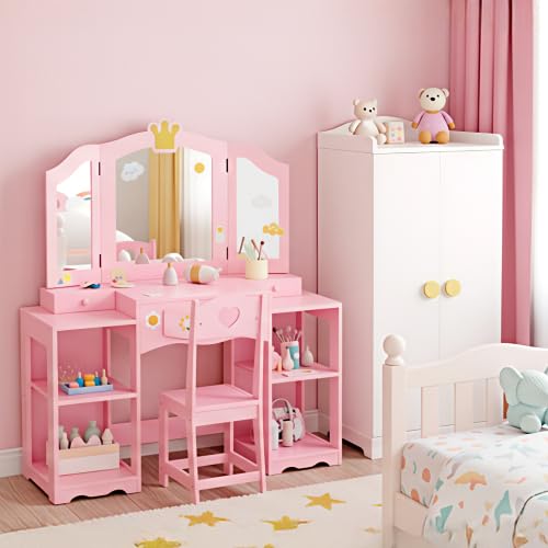 Bonnlo Coiffeuse pour Enfants 2 en 1, Meuble de Maquillage en Bois avec Mirror Amovible et Tabouret à Trois Volets, avec 4pcs Compartiments de Stockage,104 *...