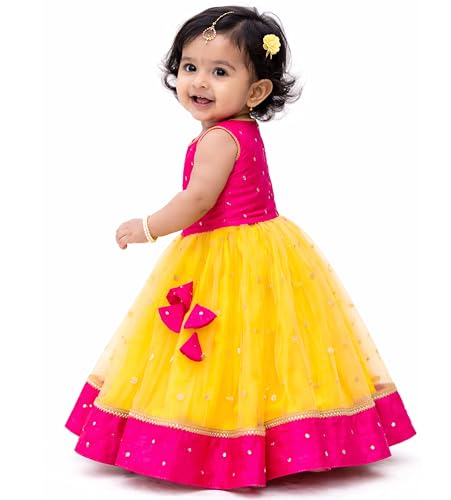 Image of Girls Designer Lehenga Choli Set Orange Rani Pink Readymade Pattu Pavadai Style Traditional Ethnic Dress for Baby Girls Kids Festive Wedding 3Months-8 Years
