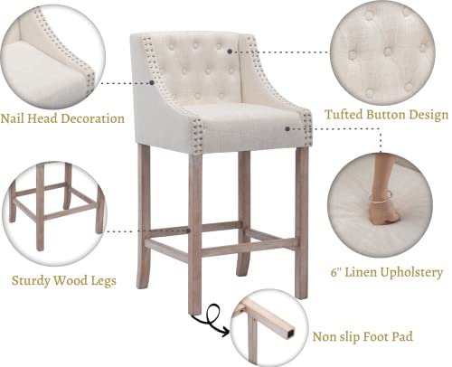 Ealson Modern Bar Stools Set Of 2 Bar Height Barstools With Back Mid Century High Bar Chairs With Wood Legs Farmhouse Upholstered Island Chairs For Kitchen Counter/Home Bar/Pub, Linen Beige #TOP2